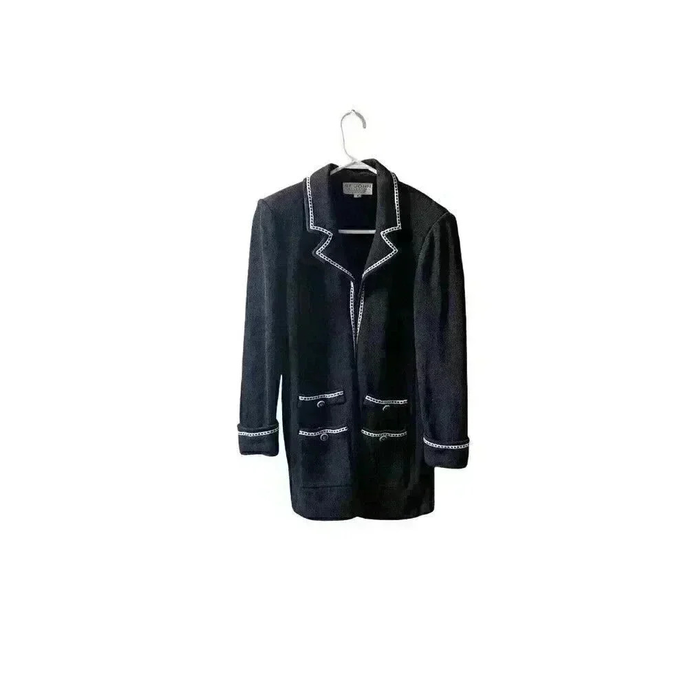 St. John Collection Santana Knit Black White Long Blazer Jacket Pockets Size 4